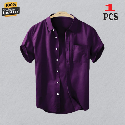 Premium Quality 100% Oxford Cotton Fabric Short Sleeve Shirt For Men's - PURPLE.