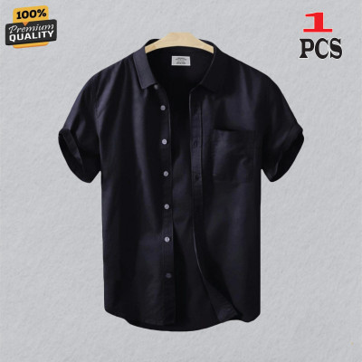 Premium Quality 100% Oxford Cotton Fabric Short Sleeve Shirt For Men's - BLACK.