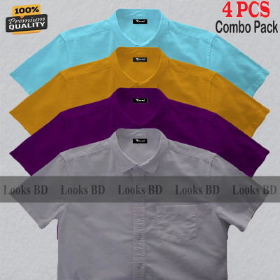 4 Pes Combo Short Sleeve Shirt - ASH, PURPLE, KATHALI & PEST.
