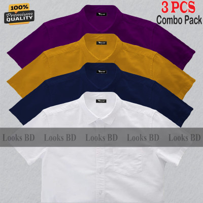 4 Pes Combo Short Sleeve Shirt - WHITE, NAVY BLUE, KATHALI & PURPLE.