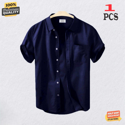 Premium Quality 100% Oxford Cotton Fabric Short Sleeve Shirt For Men's - NAVY BLUE.