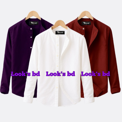 Long Sleeve Band Collar Shirt_ WHITE, BLACK & MEROON.