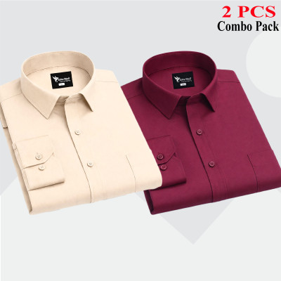 2 Pes Combo Premium Quality Formal Shirt - মেরুন & হালকা বাদামী।