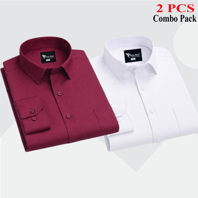 2 Pes Combo Premium Quality Formal Shirt - মেরুন & সাদা।