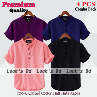 4 Pes Combo Oxford Cotton Fabrics Short Sleeve Katua For Men's - PINK, BLACK, PURPLE & NAVY BLUE
