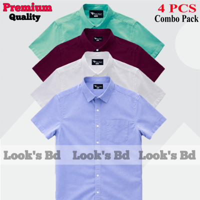 4 Pes Combo Short Sleeve Shirt - SKY BLUE, WHITE, MAROON & PEST.