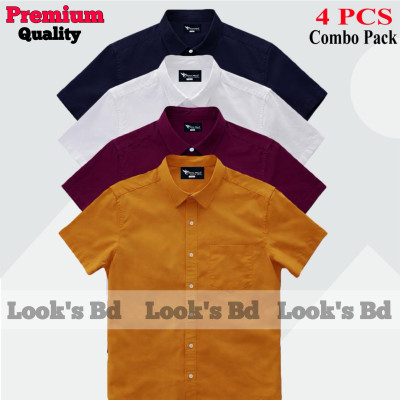 4 Pes Combo Short Sleeve Shirt - KATHALI, MAROON, WHITE & NAVY BLUE.