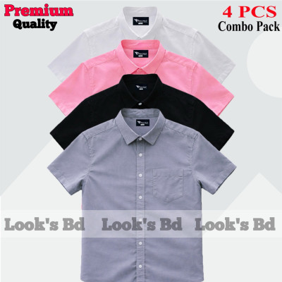 4 Pes Combo Short Sleeve Shirt - ASH, BLACK, PINK & WHITE.