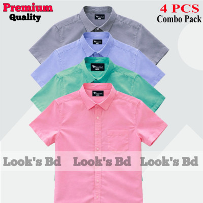 4 Pes Combo Short Sleeve Shirt - PINK, PEST, SKY BLUE & ASH.