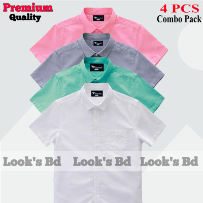 4 Pes Combo Short Sleeve Shirt - WHITE, PEST, ASH & PINK.