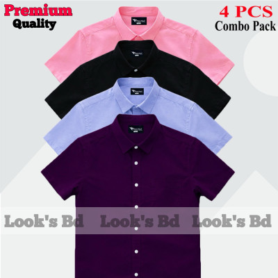 4 Pes Combo Short Sleeve Shirt - PURPLE, SKY BLUE, BLACK & PINK.