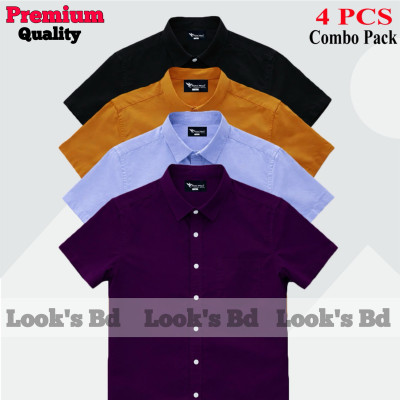 4 Pes Combo Short Sleeve Shirt - PURPLE, SKY BLUE, KATHALI & BLACK.