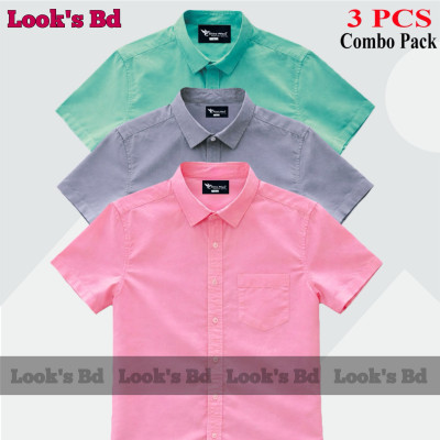 Premium Quality 100% Oxford Cotton Fabric Short Sleeve Shirt For Men's -  PINK, ASH & PEST.