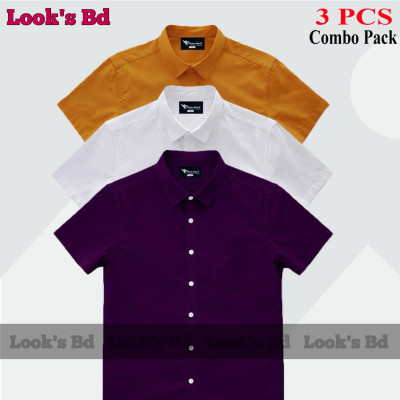Premium Quality 100% Oxford Cotton Fabric Short Sleeve Shirt For Men's - PURPLE, WHITE & KATHALI.