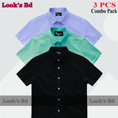 Premium Quality 100% Oxford Cotton Fabric Short Sleeve Shirt For Men's - BLACK, PEST & SKY BLUE.