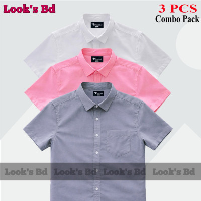 Premium Quality 100% Oxford Cotton Fabric Short Sleeve Shirt For Men's -  ASH, PINK & WHITE.