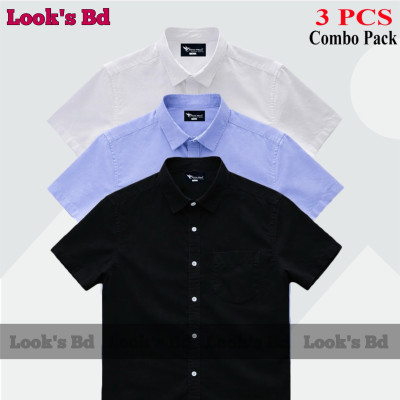 Premium Quality 100% Oxford Cotton Fabric Short Sleeve Shirt For Men's - BLACK, SKY BLUE & WHITE.