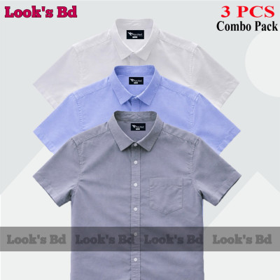 Premium Quality 100% Oxford Cotton Fabric Short Sleeve Shirt For Men's - ASH, SKY BLUE & WHITE.