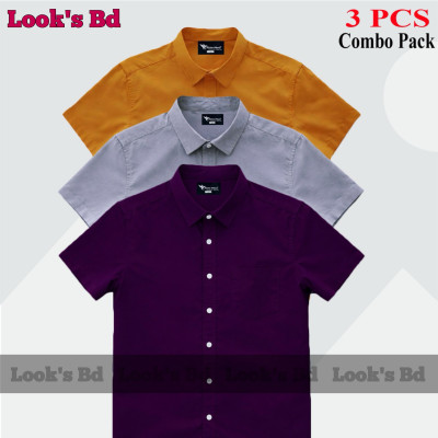 Premium Quality 100% Oxford Cotton Fabric Short Sleeve Shirt For Men's - PURPLE, ASH & KATHALI.