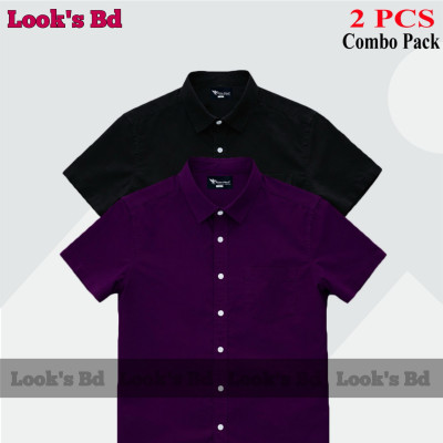 Premium Quality 100% Oxford Cotton Fabric Short Sleeve Shirt For Men's - PURPLE & BLACK.