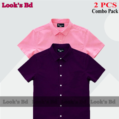 Premium Quality 100% Oxford Cotton Fabric Short Sleeve Shirt For Men's - PURPLE & PINK.
