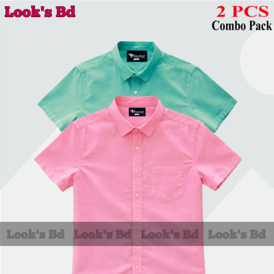 Premium Quality 100% Oxford Cotton Fabric Short Sleeve Shirt For Men's - PINK & PEST.
