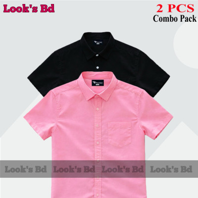 Premium Quality 100% Oxford Cotton Fabric Short Sleeve Shirt For Men's - PINK & BLACK.
