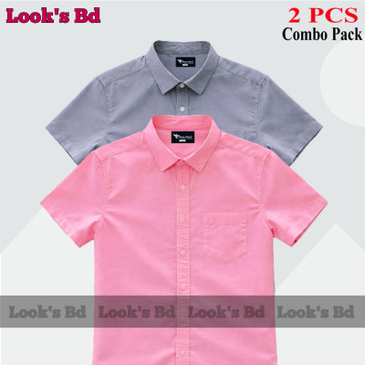 Premium Quality 100% Oxford Cotton Fabric Short Sleeve Shirt For Men's - ASH & PINK.