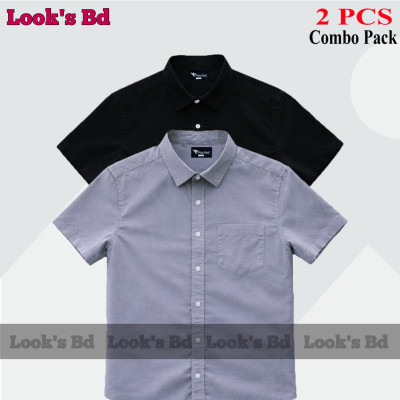 Premium Quality 100% Oxford Cotton Fabric Short Sleeve Shirt For Men's - BLACK & ASH.