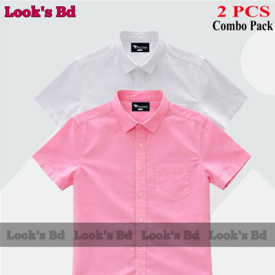 Premium Quality 100% Oxford Cotton Fabric Short Sleeve Shirt For Men's - PINK & WHITE.