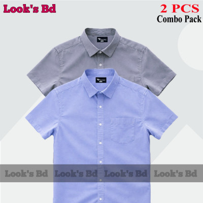 Premium Quality 100% Oxford Cotton Fabric Short Sleeve Shirt For Men's - SKY BLUE & ASH.