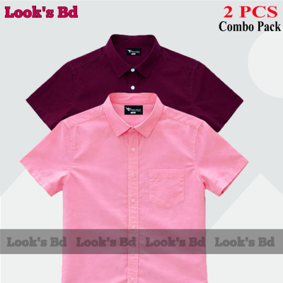 Premium Quality 100% Oxford Cotton Fabric Short Sleeve Shirt For Men's - PINK & MAROON.