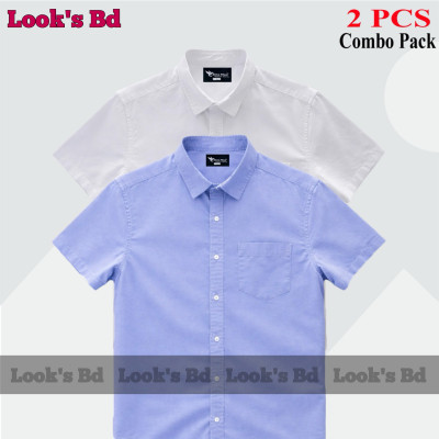Premium Quality 100% Oxford Cotton Fabric Short Sleeve Shirt For Men's - SKY BLUE & WHITE.