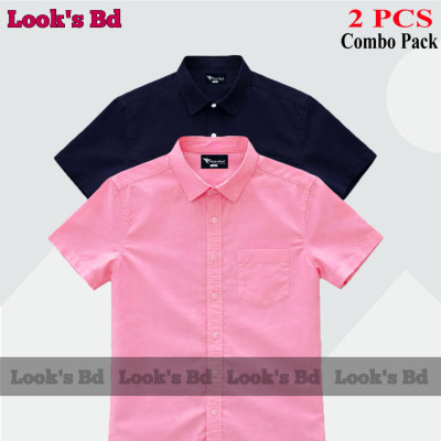 Premium Quality 100% Oxford Cotton Fabric Short Sleeve Shirt For Men's - PINK & NAVY BLUE