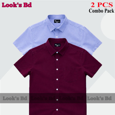 Premium Quality 100% Oxford Cotton Fabric Short Sleeve Shirt For Men's - MAROON & SKY BLUE.