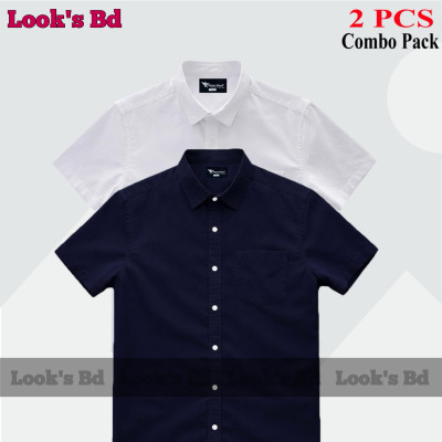 Premium Quality 100% Oxford Cotton Fabric Short Sleeve Shirt For Men's - NAVY BLUE & WHITE.