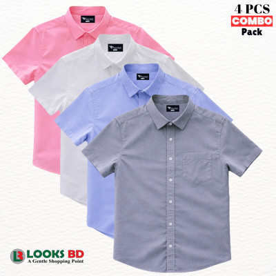 4 Pes Combo Short Sleeve Shirt - SKYBLUE, ASH, PINK & WHITE.