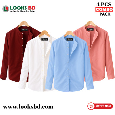 Long Sleeve Band Collar Shirt_  MAROON, WHITE, SKY BLUE & PINK.