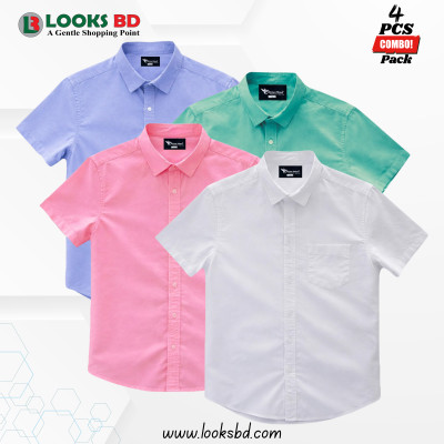 4 Pes Combo Short Sleeve Shirt - SKYBLUE, PEST, PINK & WHITE.