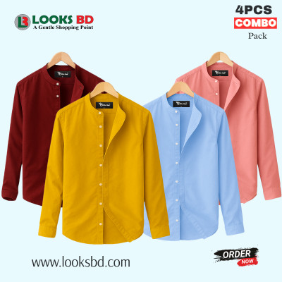 Long Sleeve Band Collar Shirt_  MAROON, KATHALI, SKY BLUE & PINK.