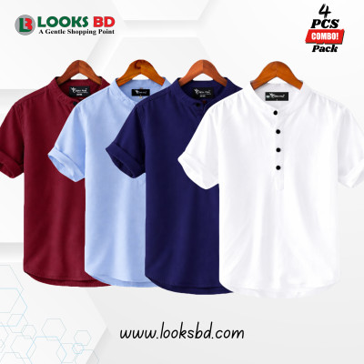 4 Pes Combo Oxford Cotton Fabrics Short Sleeve Katua For Men's - WHITE, SKY BLUE, NAVY BLUE & MAROON.