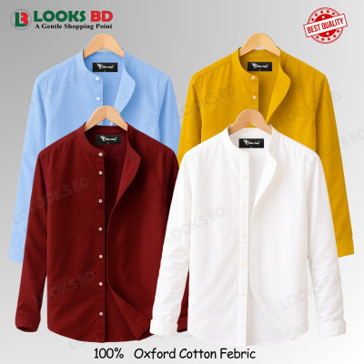Long Sleeve Band Collar Shirt_  MAROON, KATHALI, SKY BLUE & WHITE.