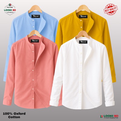 Long Sleeve Band Collar Shirt_  PINK, KATHALI, SKY BLUE & WHITE.