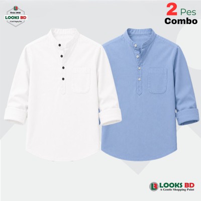 100% Oxford Cotton Fabric Full Sleeve Katua -  WHITE & SKY BLUE.
