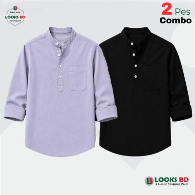 100% Oxford Cotton Fabric Full Sleeve Katua - ASH & BLACK.