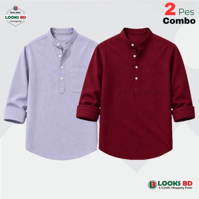 100% Oxford Cotton Fabric Full Sleeve Katua -  ASH & MAROON.