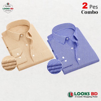 Premium Quality Stripe Formal Shirt -  ORANGE & SKY . (STRIPE)