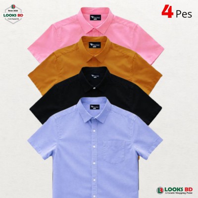 4 Pes Combo Short Sleeve Shirt - SKYBLUE, BLAK, PINK & KATHALI.