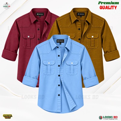 3 Pcs Combo Premium Quality Double Pocket Shirt - MAROON, BANSON & SKY.
