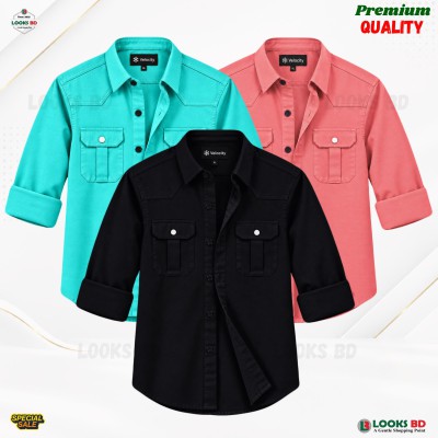 3 Pcs Combo Premium Quality Double Pocket Shirt - PEST, BLACK & PINK.